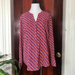 Talbots red orange blue white popover blouse